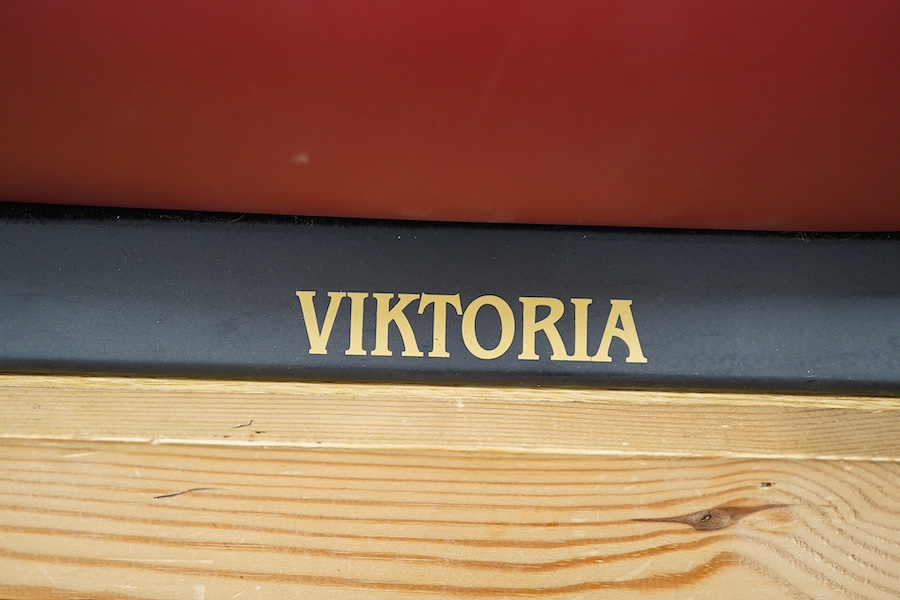 A modern Marklin clockwork tinplate ocean liner, 'Viktoria', on stand, hull 98cm long. Condition - fair, some losses and wear